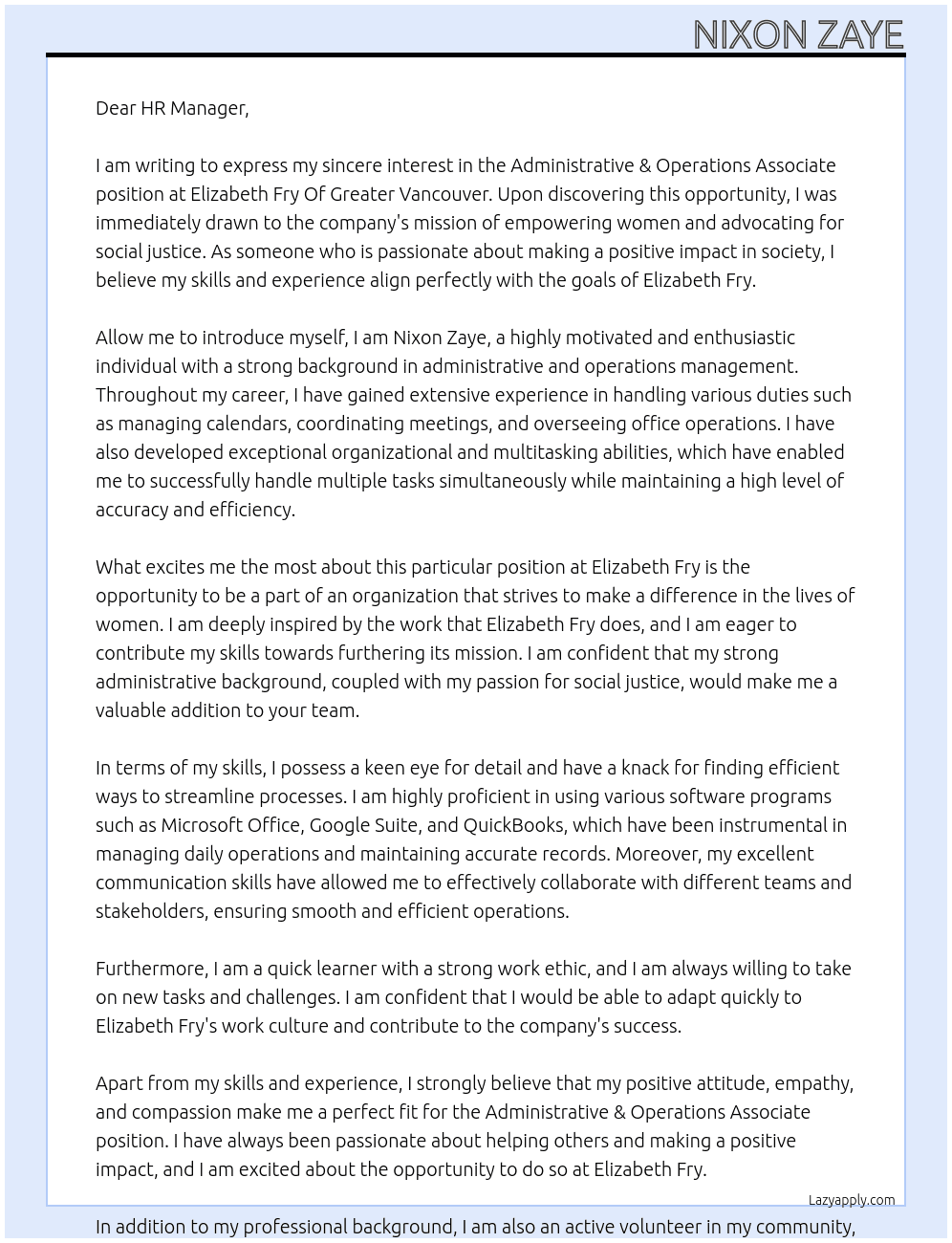Administrative & Operations Associate At Elizabeth Fry Of Greater Vancouver Cover Letter