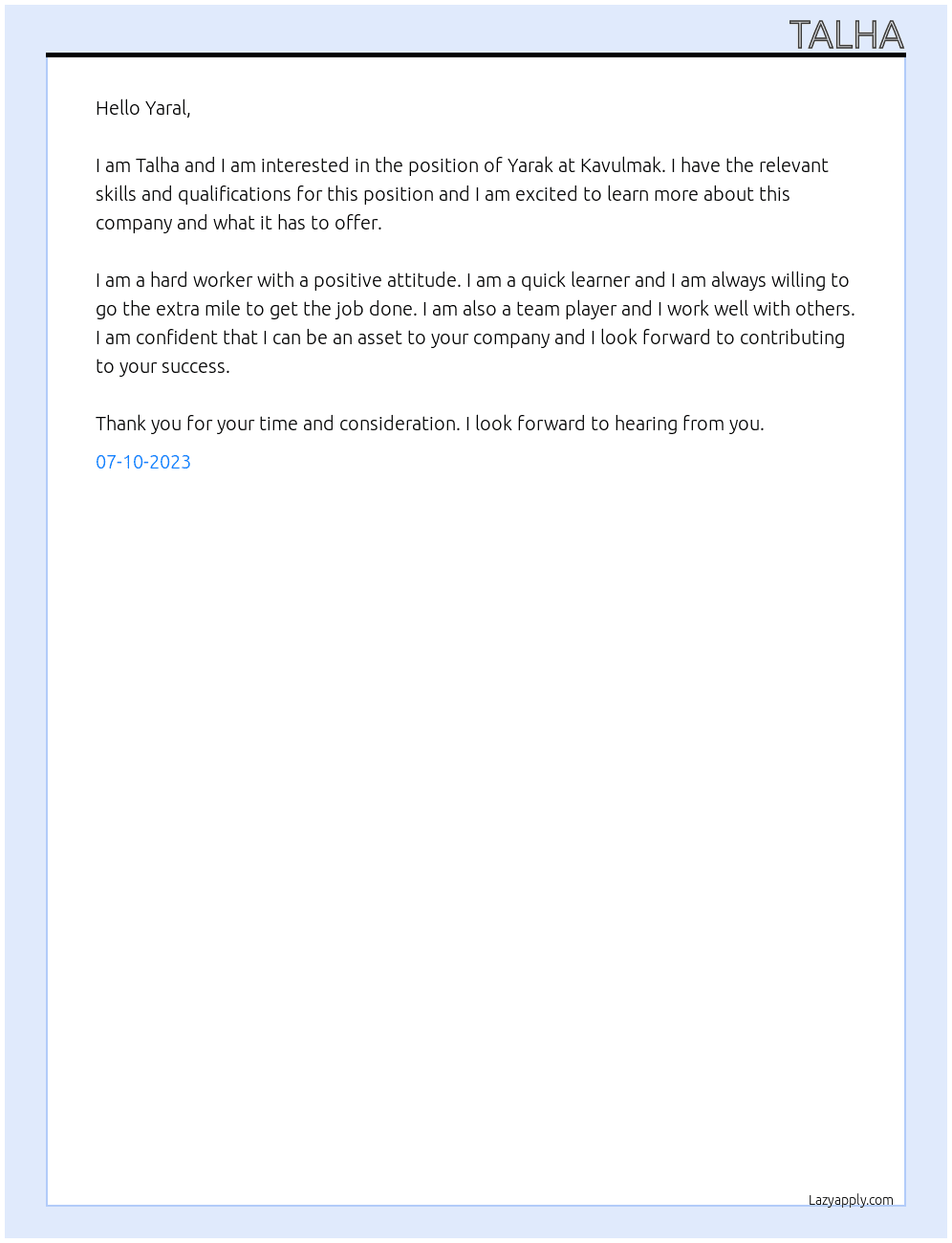 Yarak At Kavulmak Cover Letter
