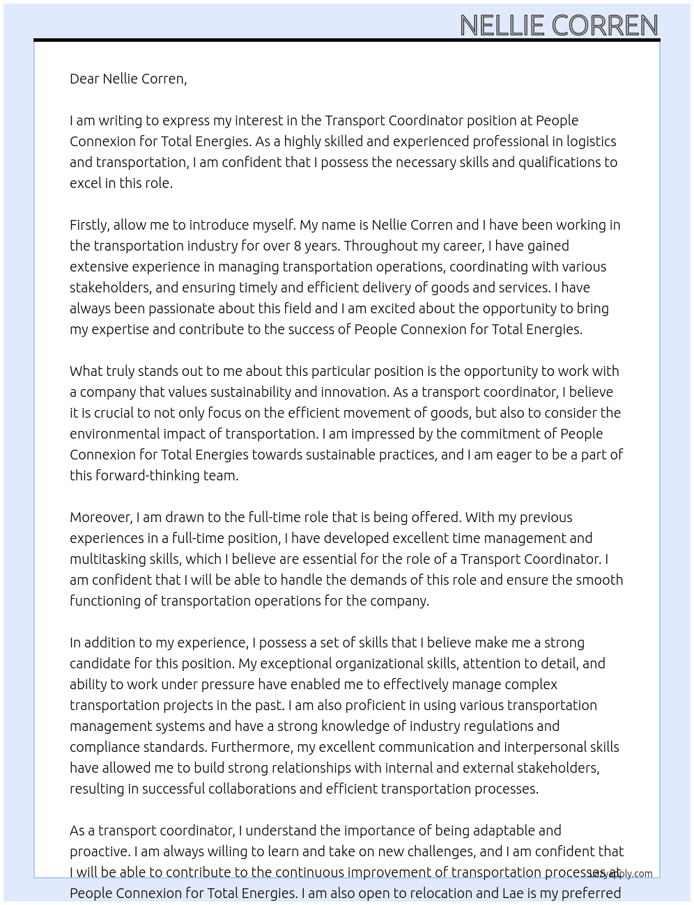 Transport Coordinator At People Connexion for Total Energies Cover Letter