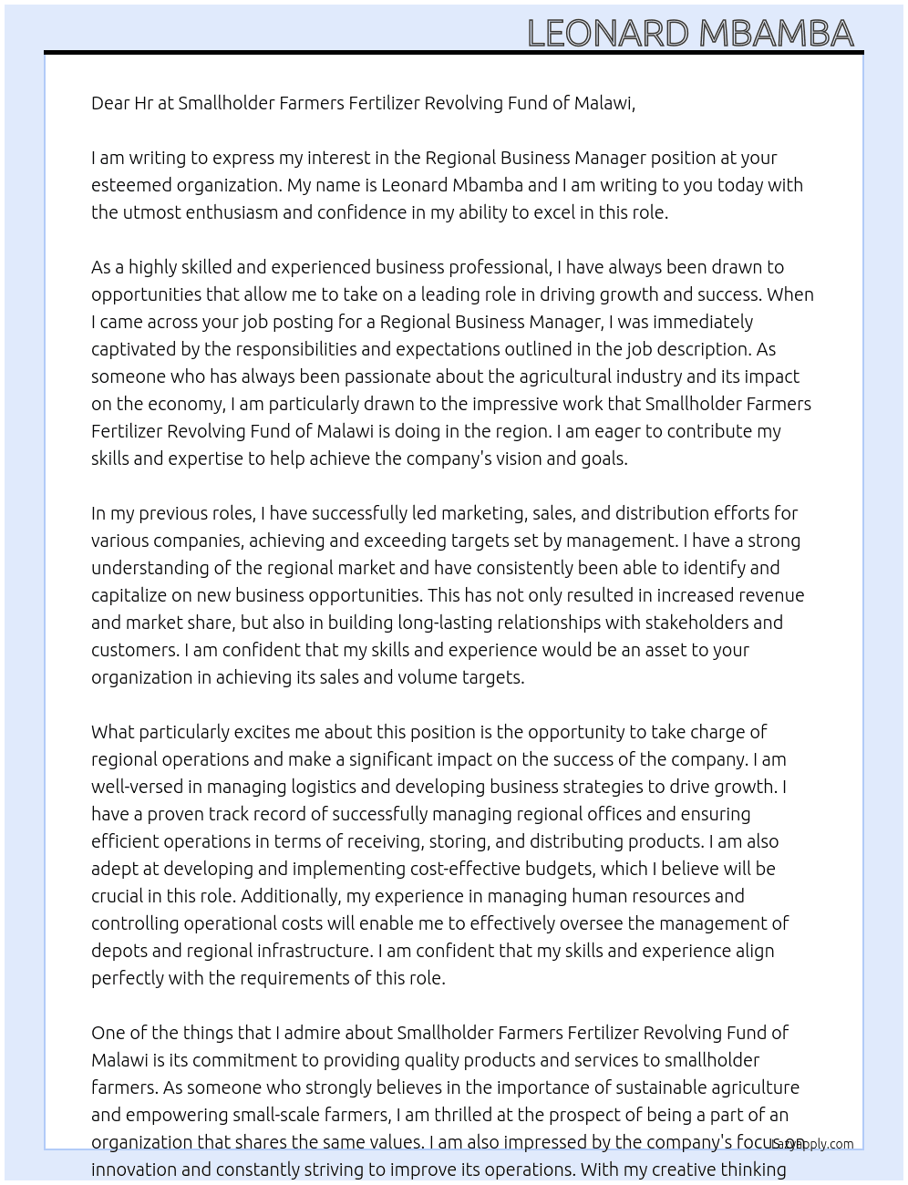 Regional Business Manager At Smallholder Farmers Fertilizer Revolving Fund of Malawi  Cover Letter
