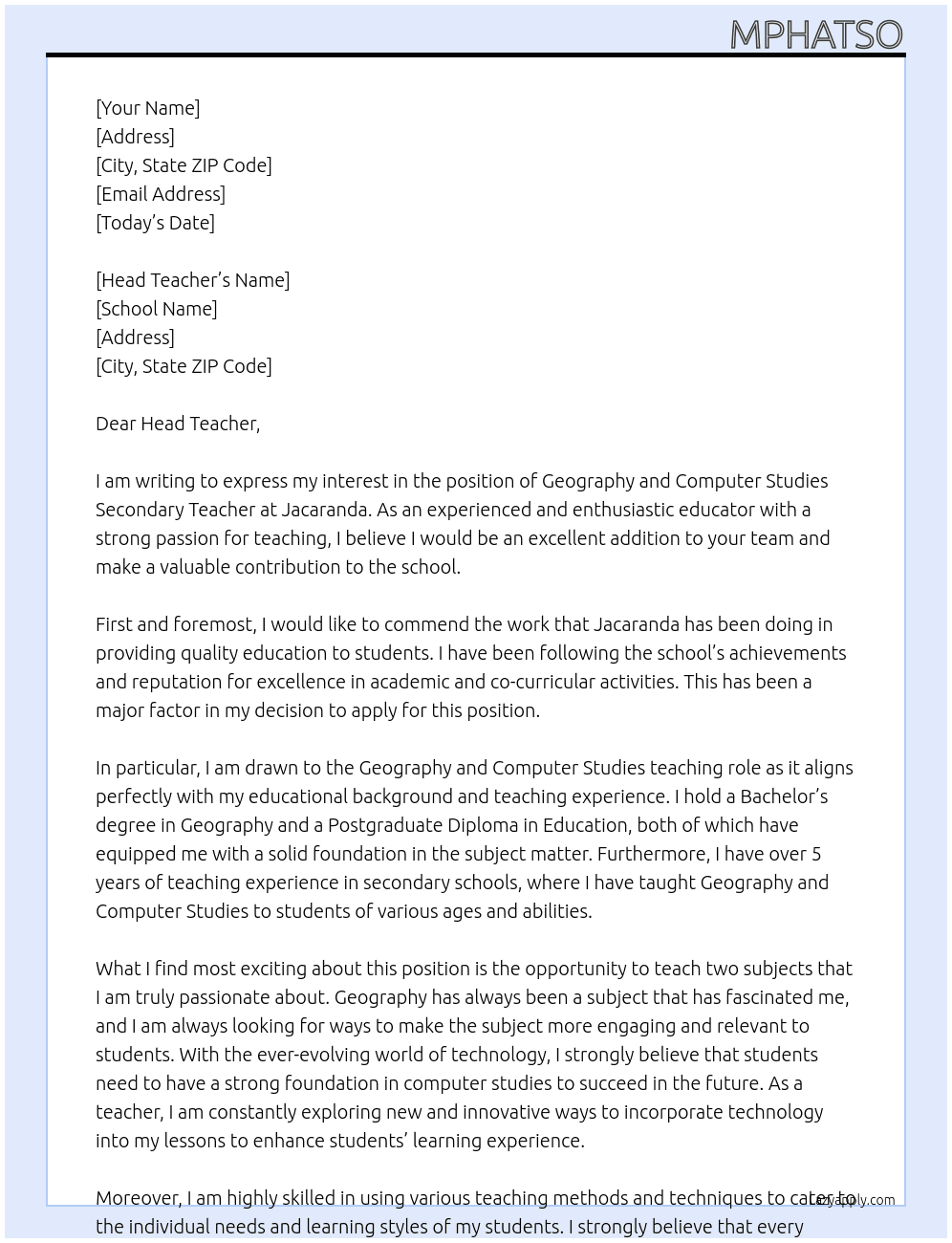 Geography and computer studies secondary teacher At Jacaranda  Cover Letter