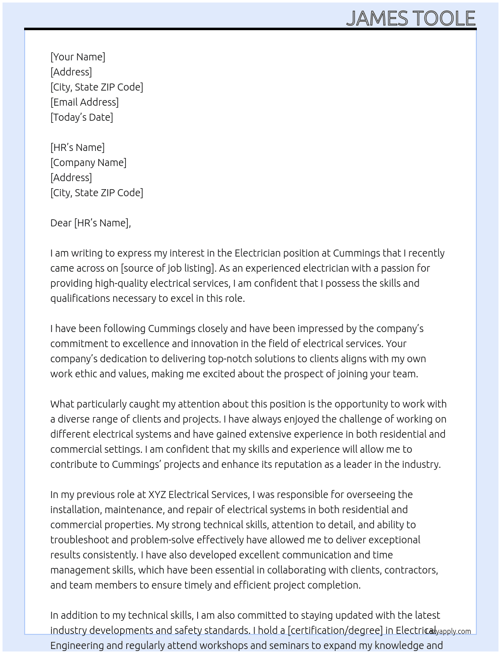 Electrician At Cummings Cover Letter
