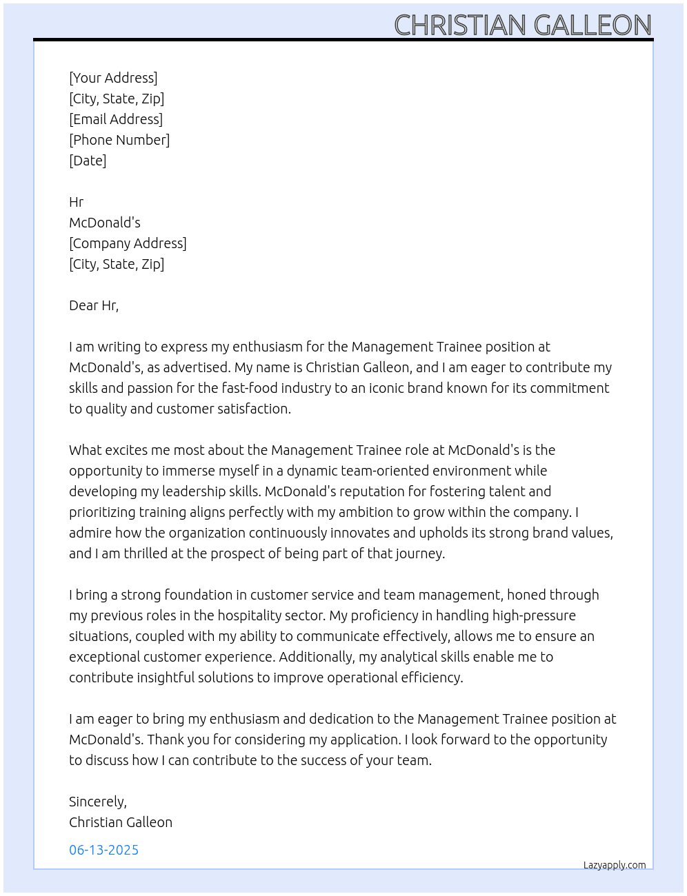 Management trainee At McDonald's Cover Letter