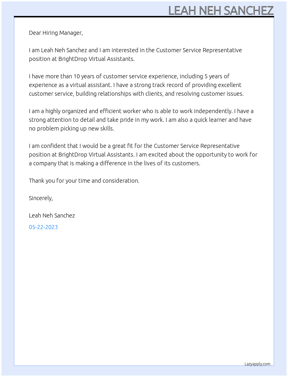 Customer Service Representative At BrightDrop Virtual Assistants Cover Letter
