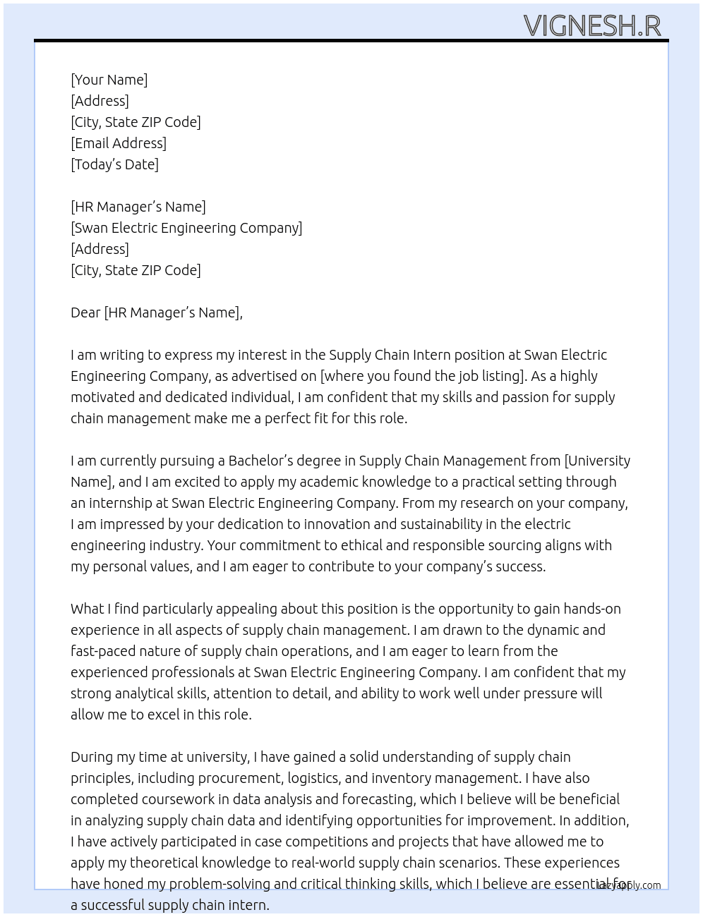 Supply chain intern  At swan electric engineering company Cover Letter