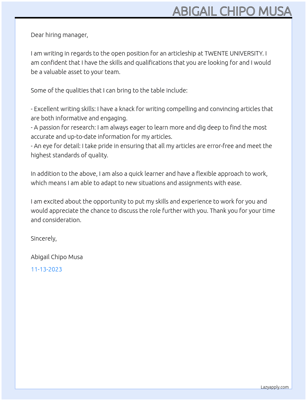 Articleship At TWENTE UNIVERSITY Cover Letter