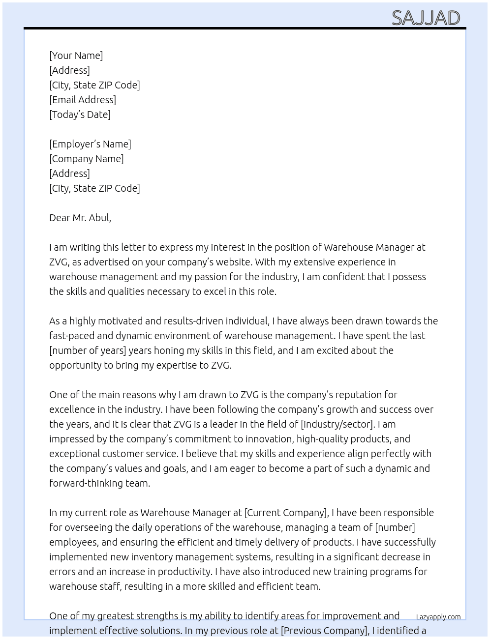 Application for the post of warehouse manager  At zvg Cover Letter