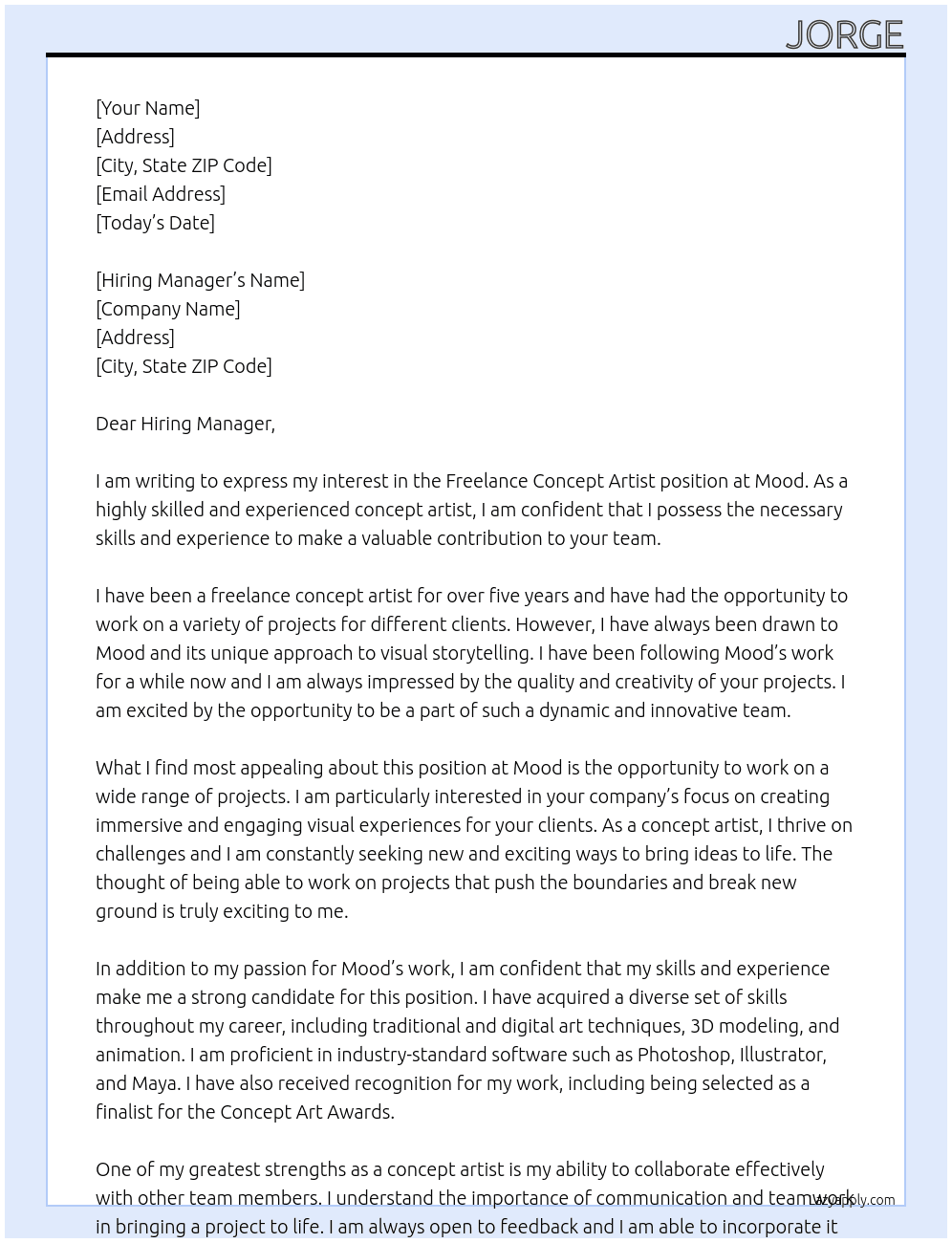 Freelance concept artist  At Mood Cover Letter