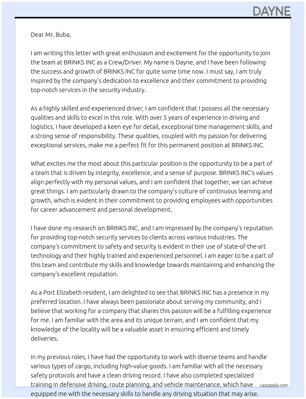 Crew/driver At BRINKS INC Cover Letter