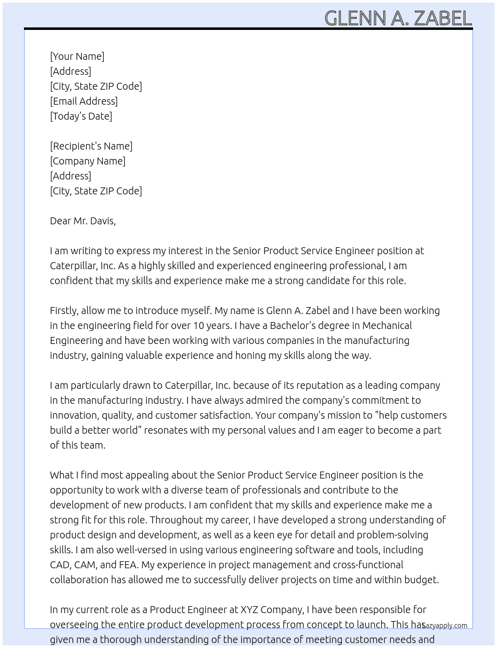 Senior Product Service Engineer At Caterpillar, Inc. Cover Letter