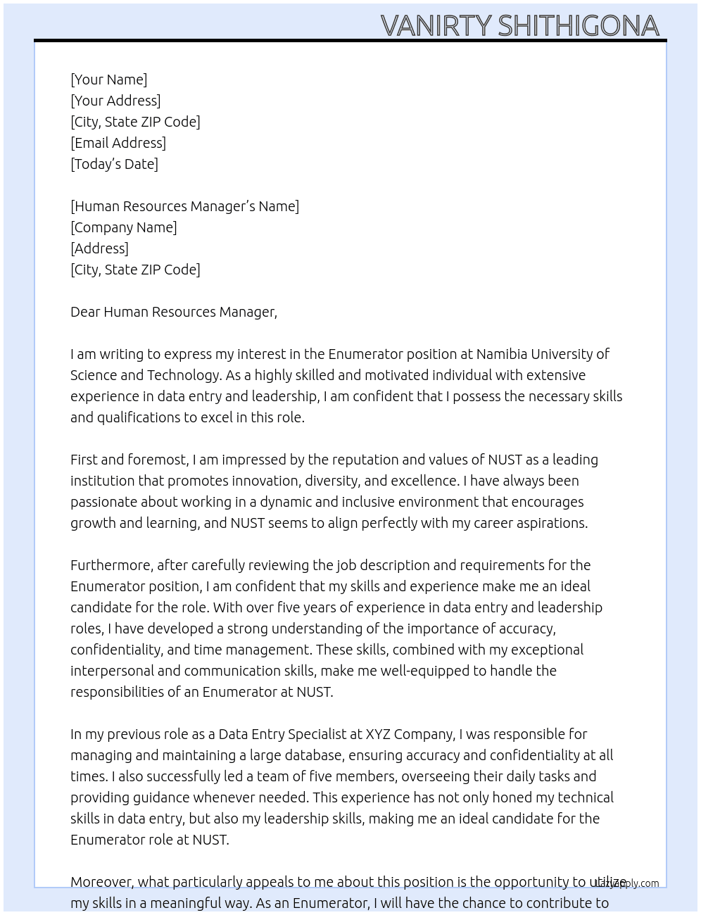 Enumerator At NAMIBIA UNIVERSITY OF SCIENCE ANO TECHNOLOGY Cover Letter