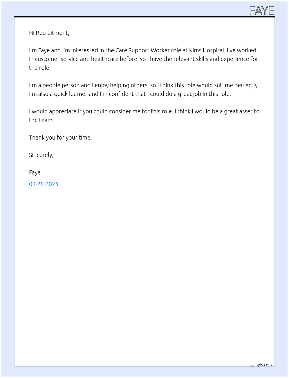 Care Support Worker At Kims Hospital Cover Letter