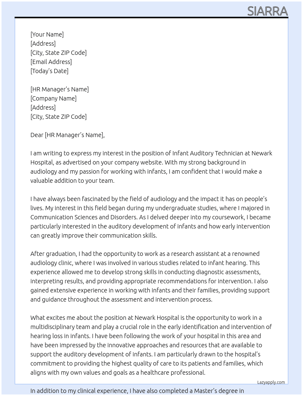infant auditory technician At Newark hospital Cover Letter