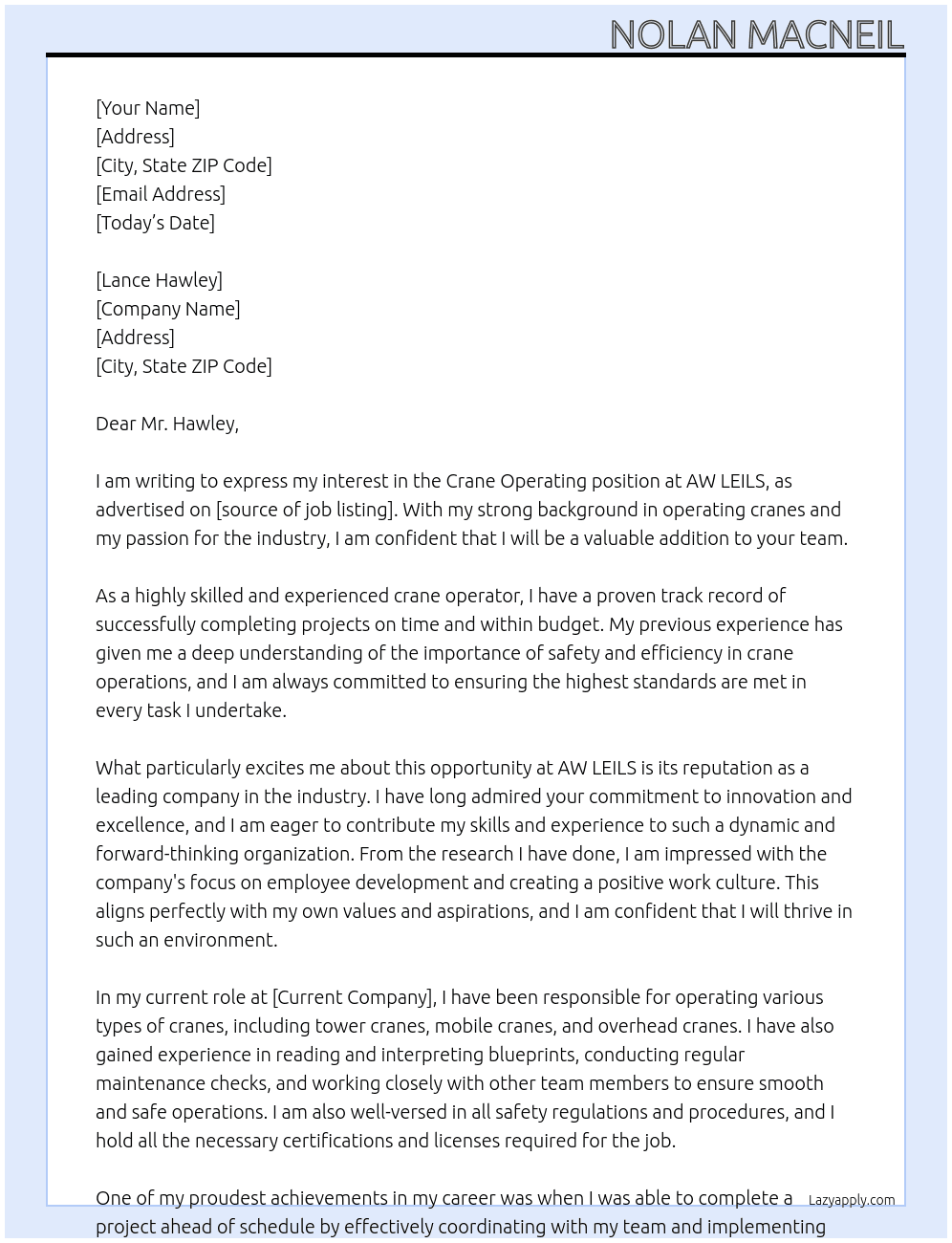 Crane Operating At AW LEILS Cover Letter