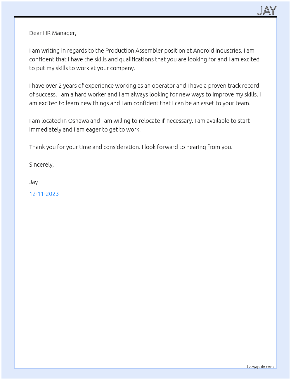 Production Assembler At Android Industries Cover Letter