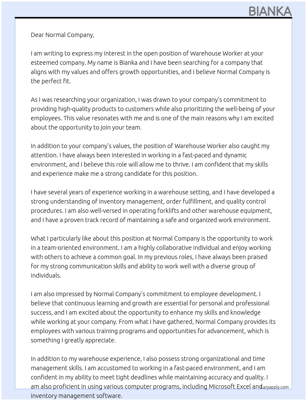 warehouse worker At Normal Cover Letter