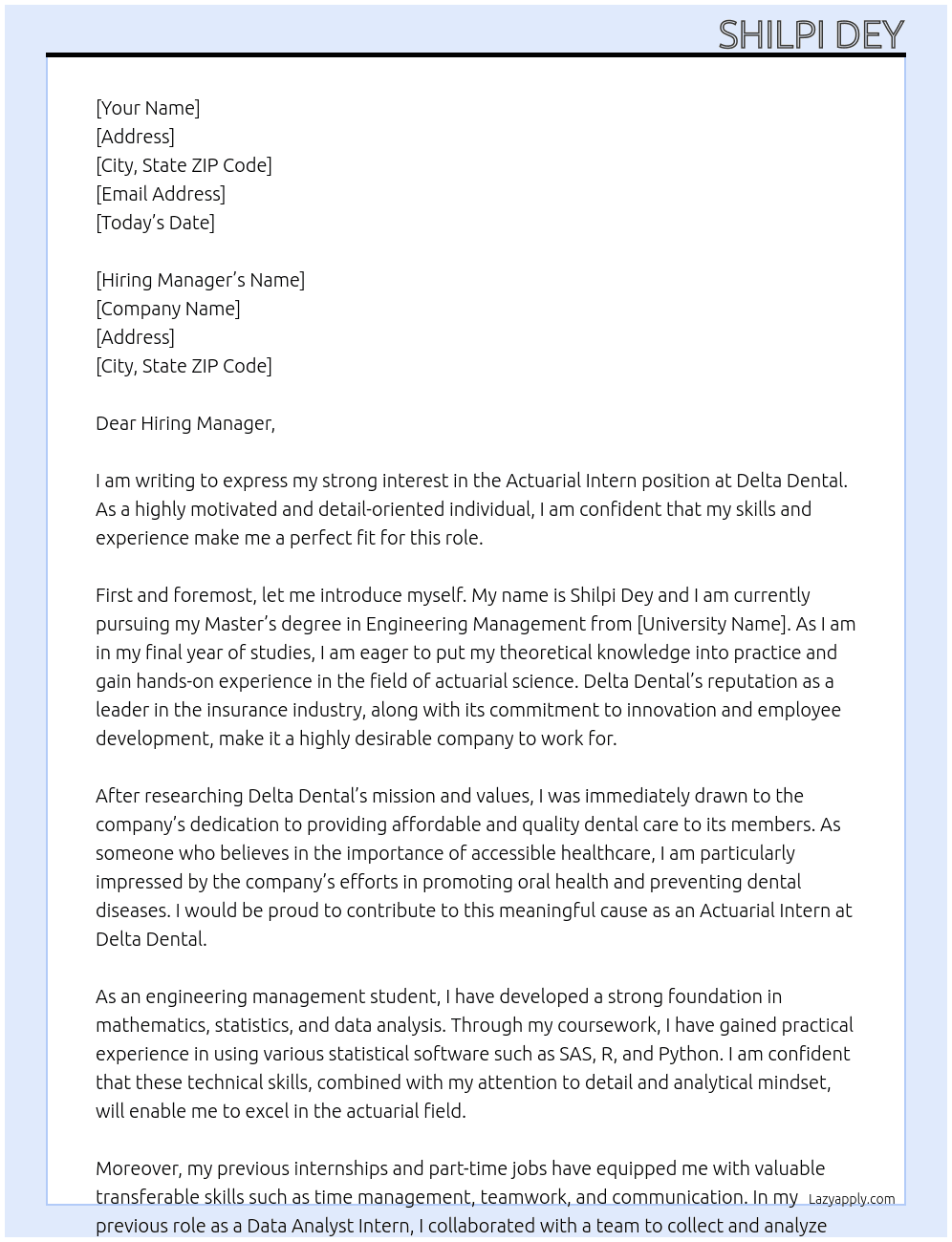 Actuarial Intern At Delta Dental Cover Letter