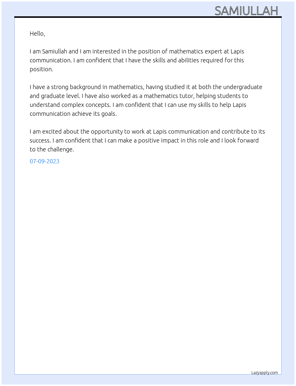 Mathematics expert  At Lapis communication  Cover Letter