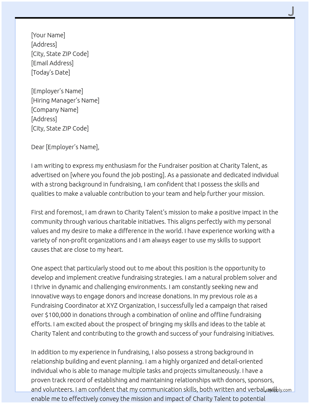 Fundraiser At Charity Talent Cover Letter