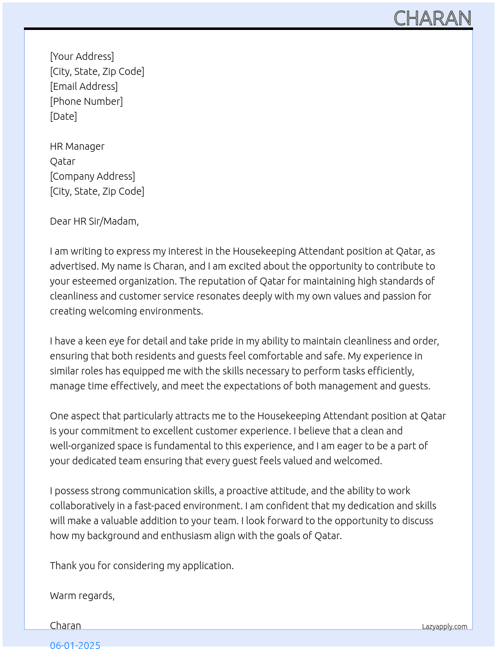 House keeping attendant At qatar Cover Letter