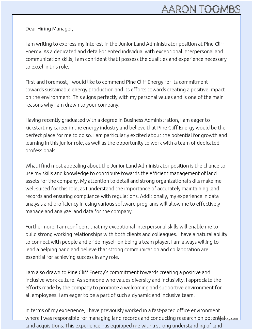 Junior Land Administrator At Pine Cliff Energy Cover Letter