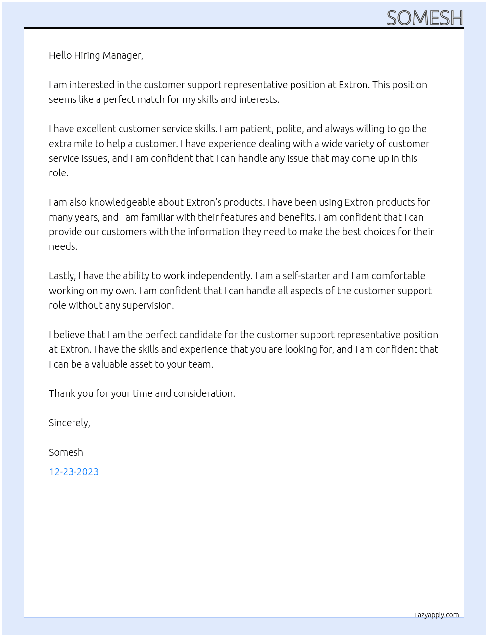 Customer Support Representative At Extron Cover Letter