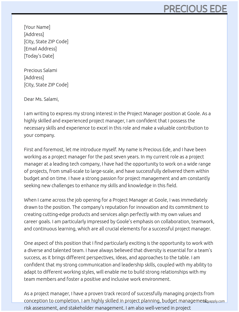 project manager At goole Cover Letter