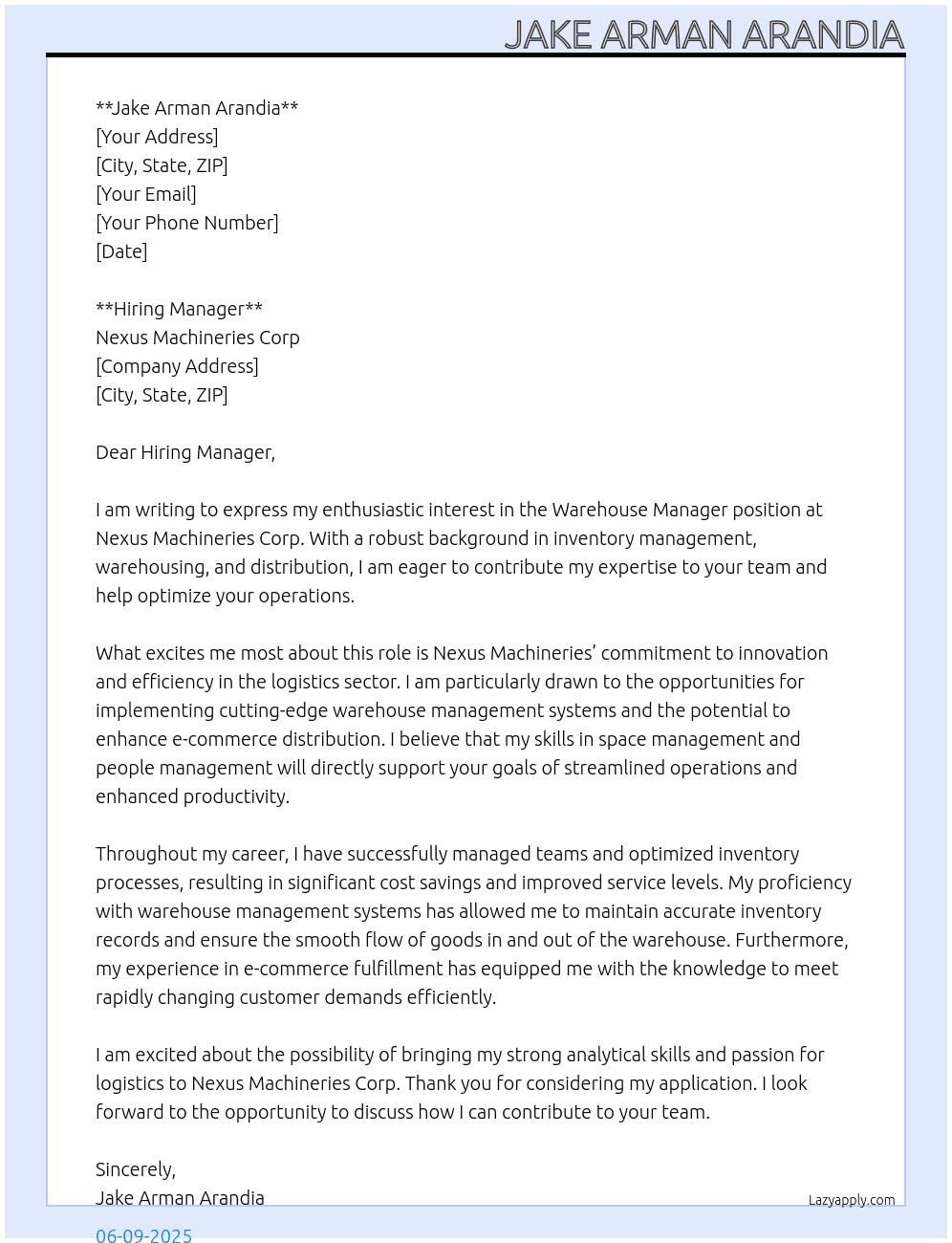 warehouse manager At nexus machineries corp Cover Letter