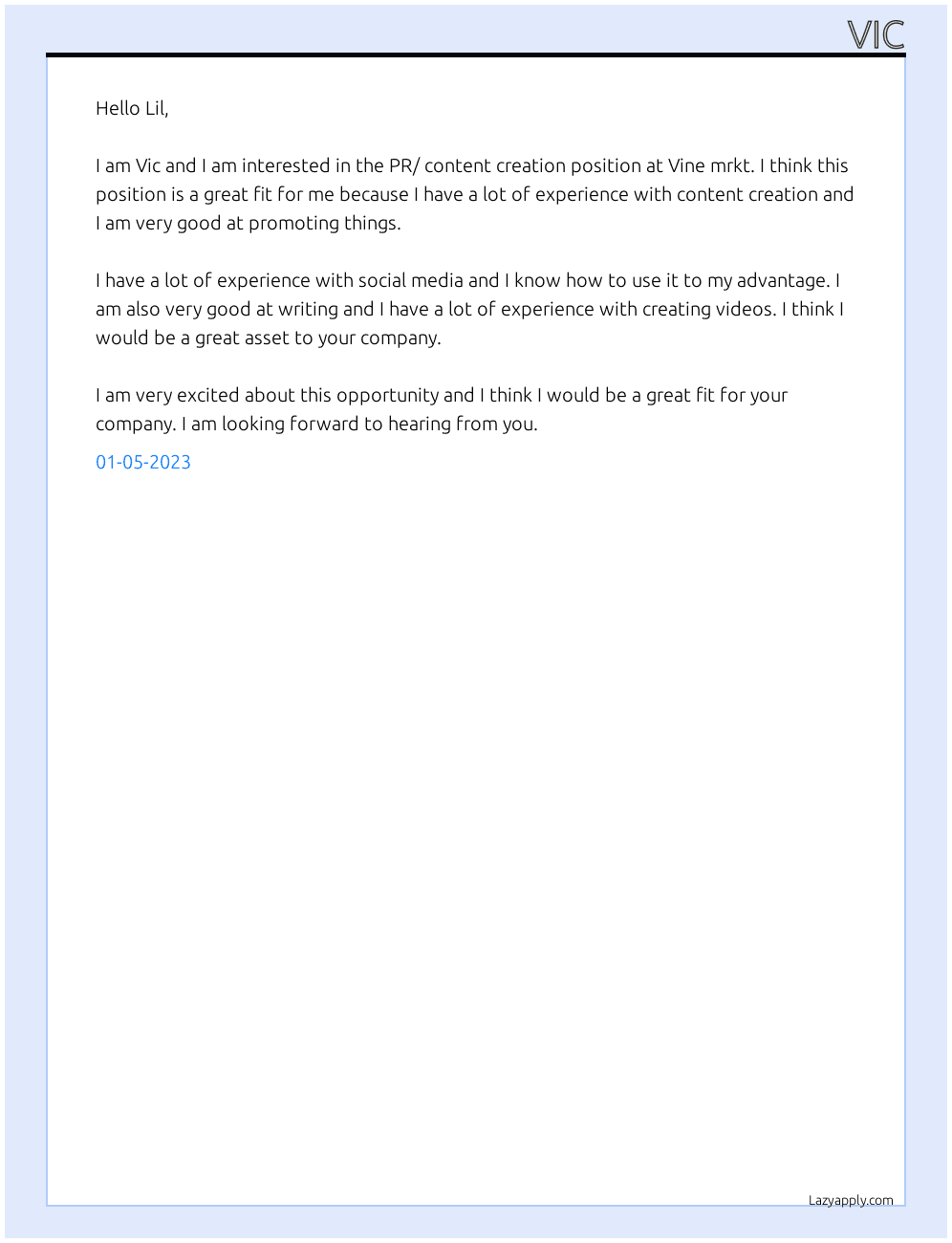 PR/ content creation At Vine mrkt Cover Letter