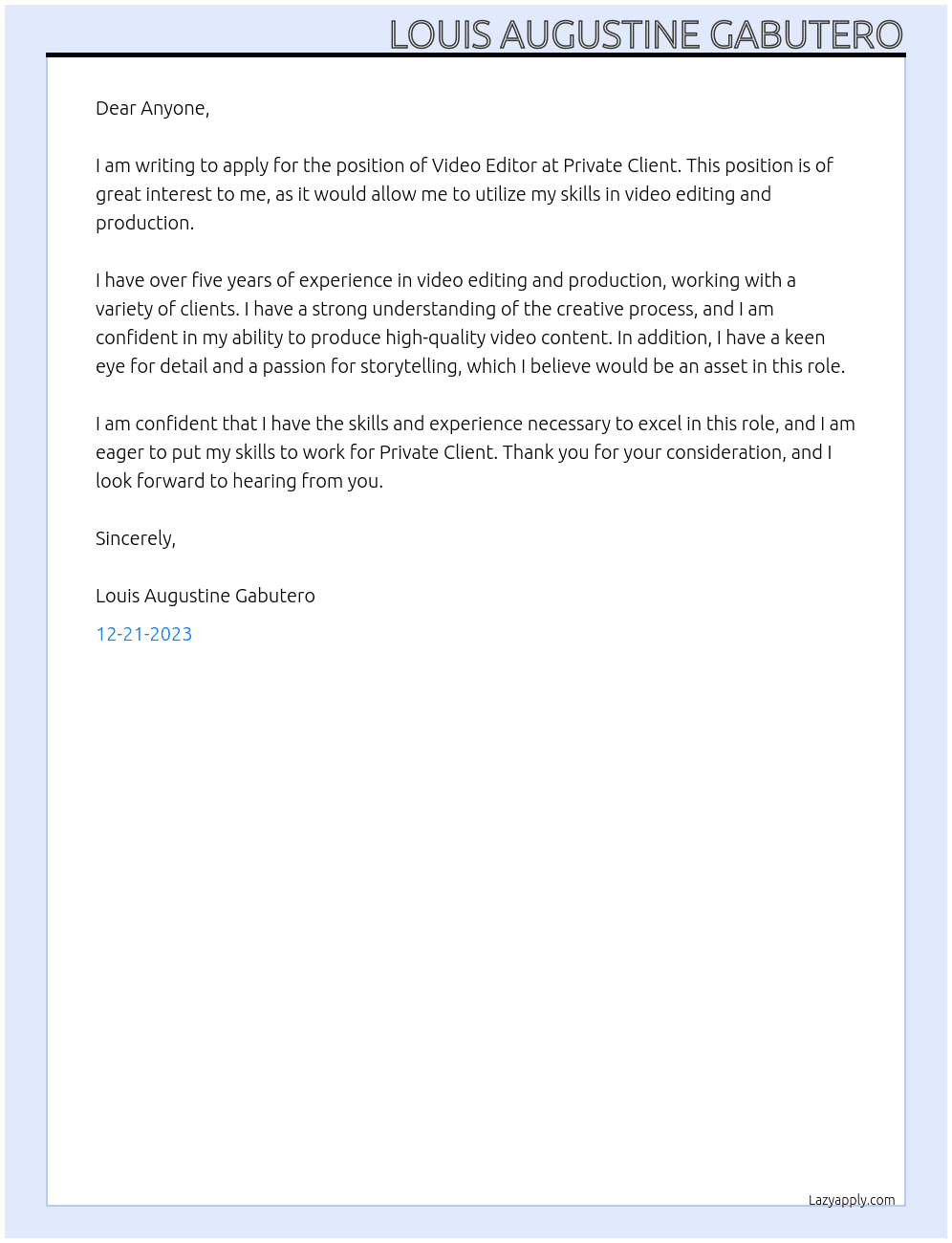 Video Editor At Private Client Cover Letter