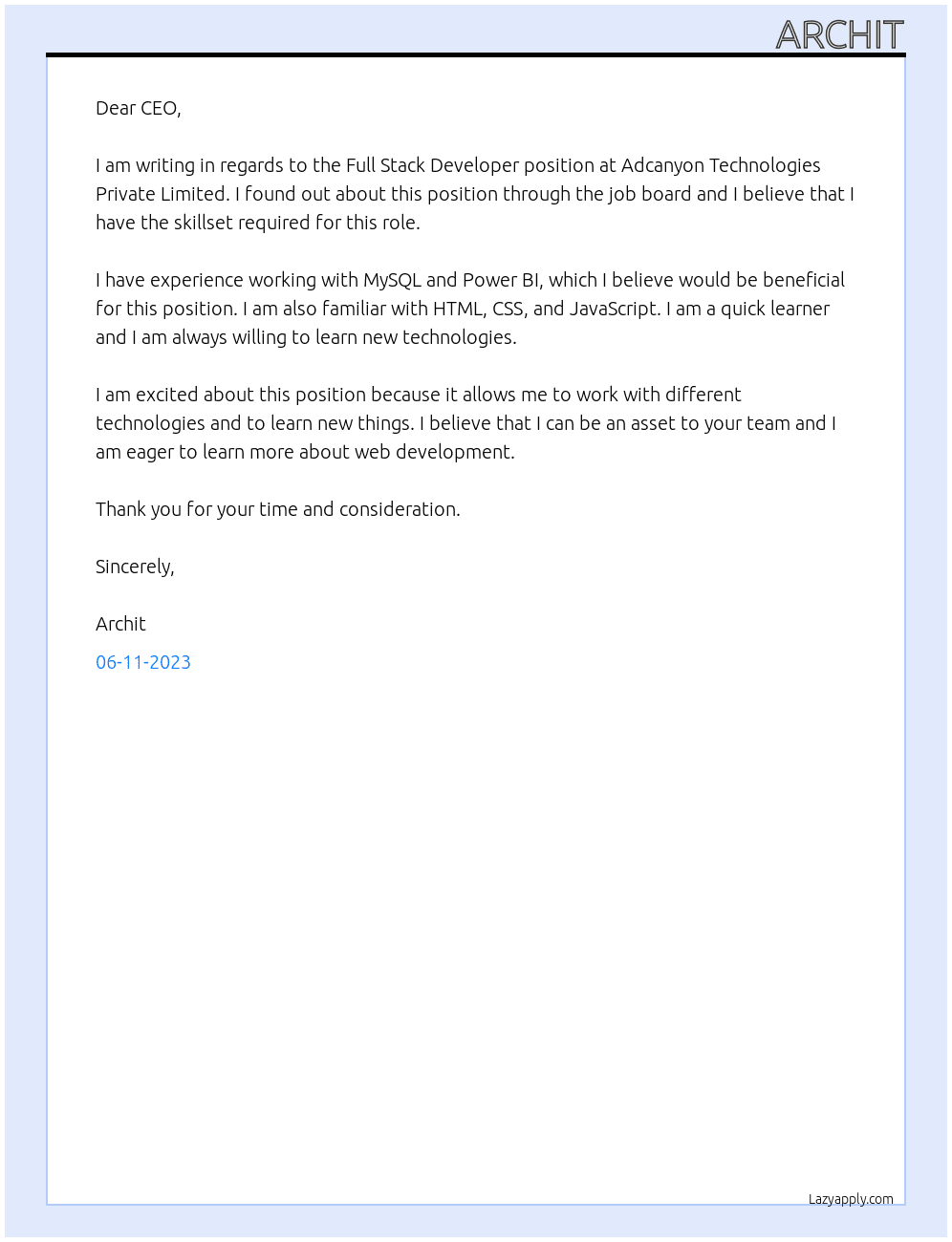 Full Stack Developer At Adcanyon Technologies Private Limited Cover Letter