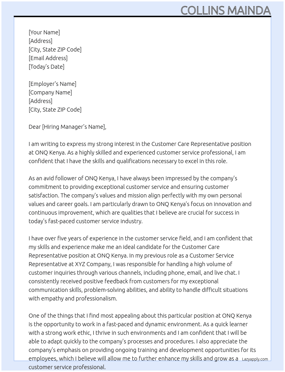 customer care representative At ONQ Kenya Cover Letter