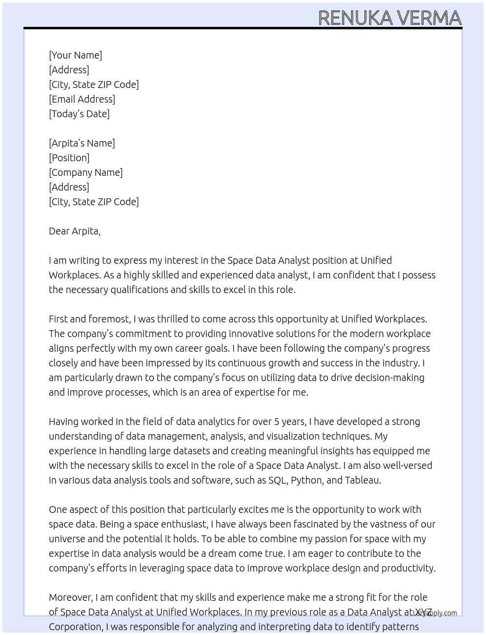Space data analyst At Unified workplaces Cover Letter