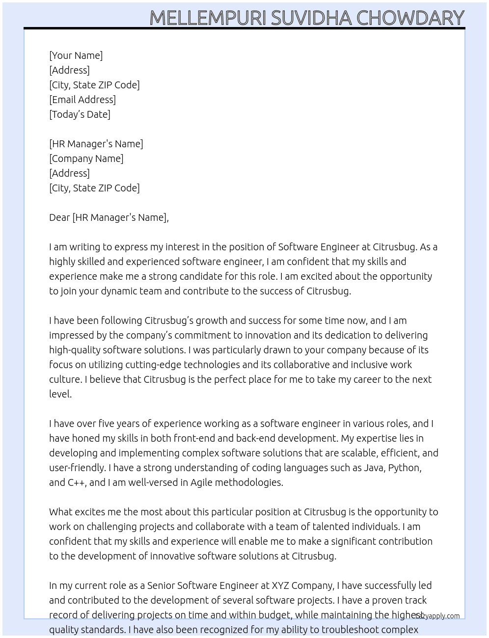 software engineer At Citrusbug Cover Letter