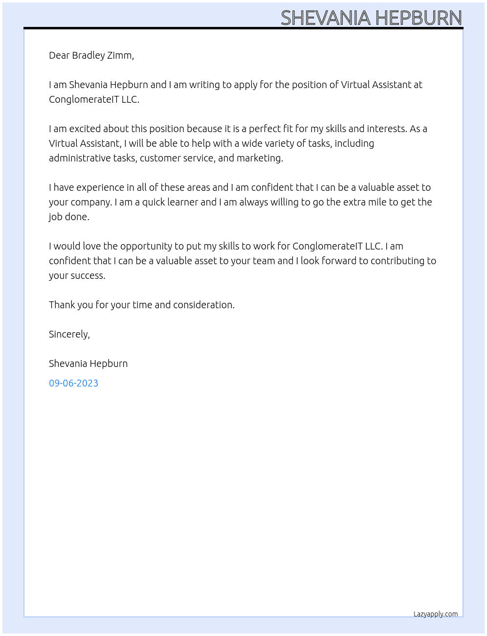 Virtual Assistant  At ConglomerateIT LLC Cover Letter