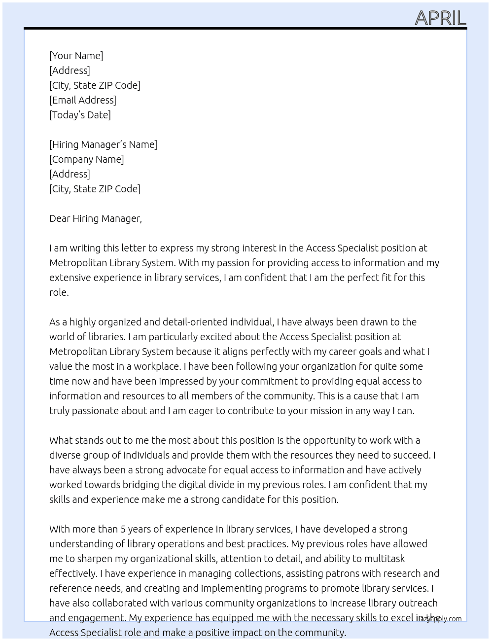Access Specialist At Metropolitan Library System Cover Letter
