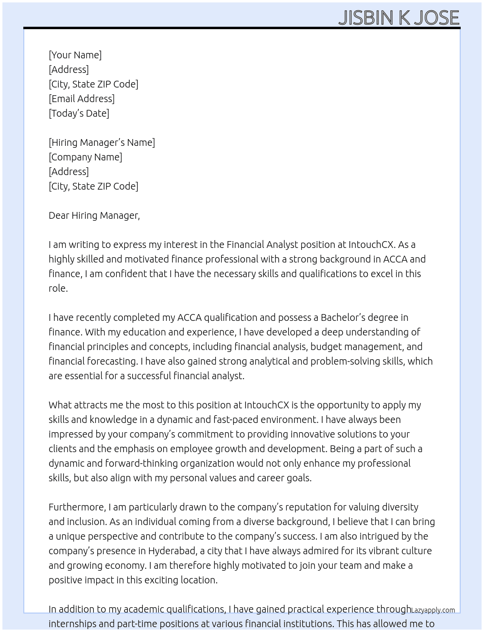 Financial Analyst At IntouchCX Cover Letter