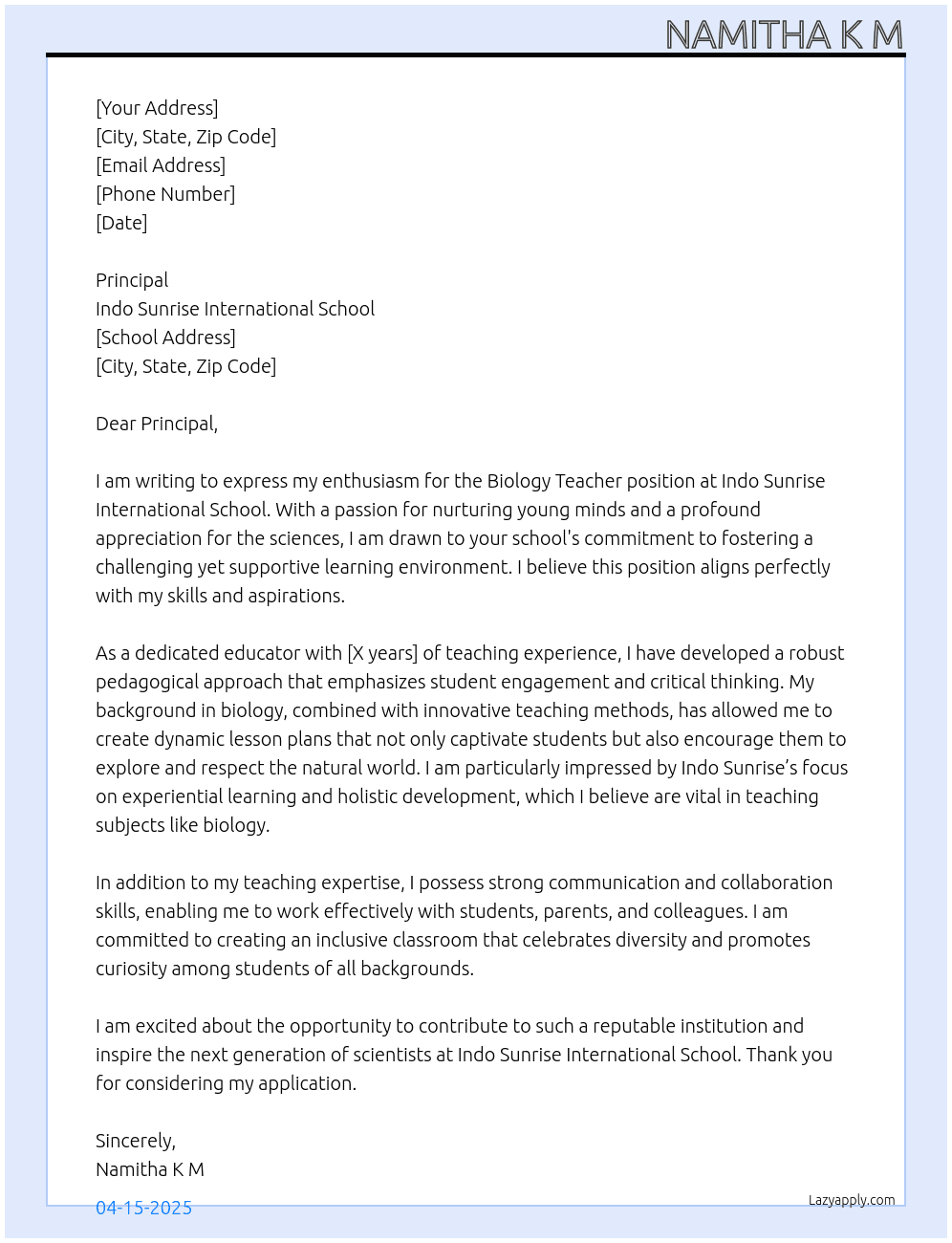 Biology teacher  At Indo Sunrise International School Cover Letter