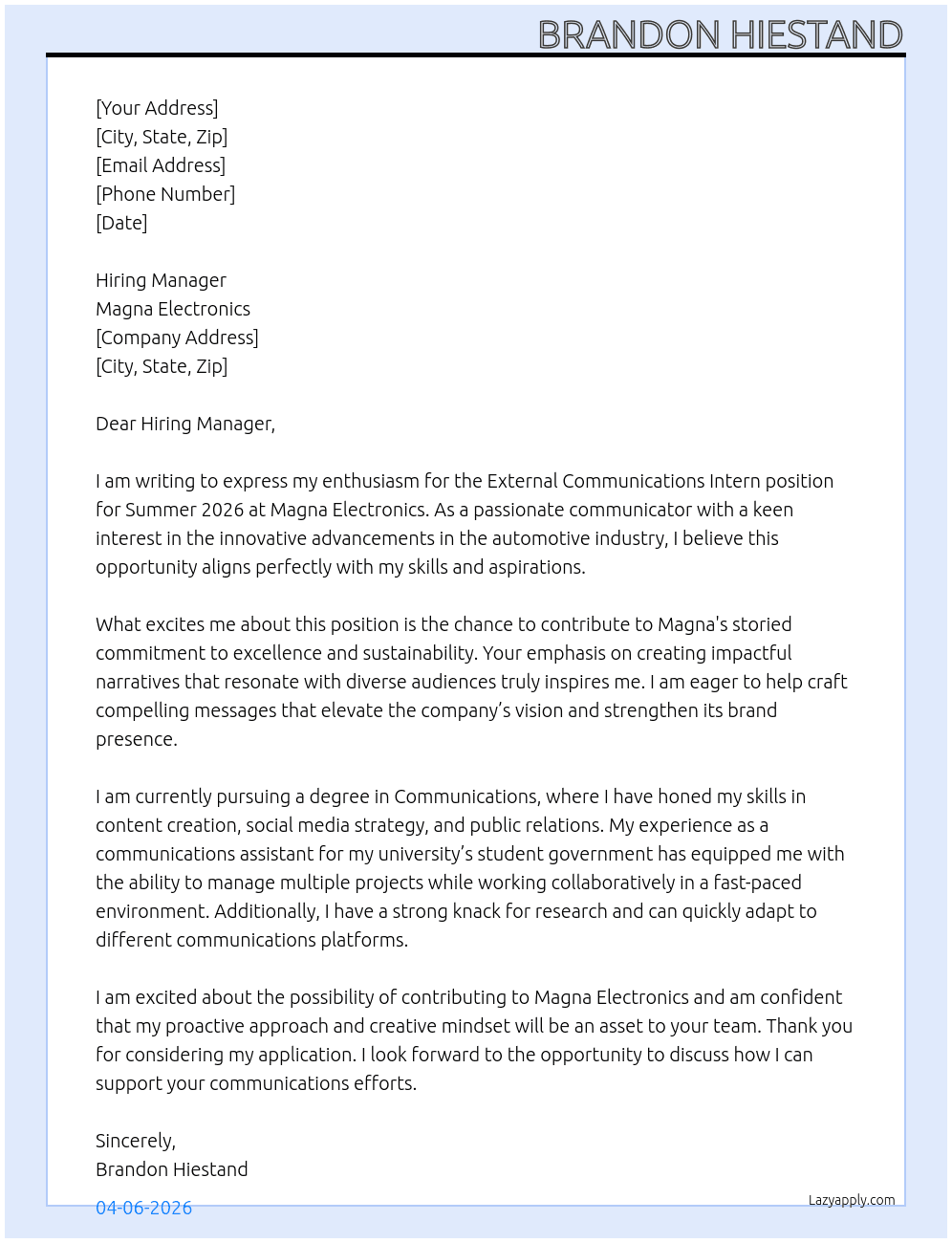 External Communications Intern- Summer 2026 At Magna Electronics Cover Letter