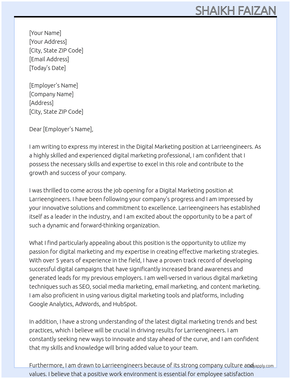 Digital marketing  At Larrieengineers Cover Letter