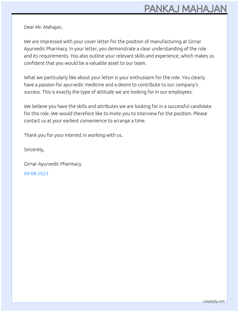 manufacturing  At girnar ayurvedic pharmacy  Cover Letter