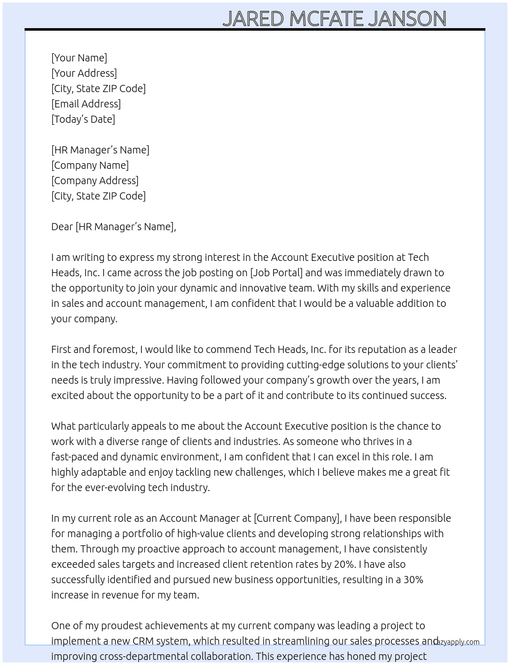Account Executive At Tech Heads, Inc. Cover Letter