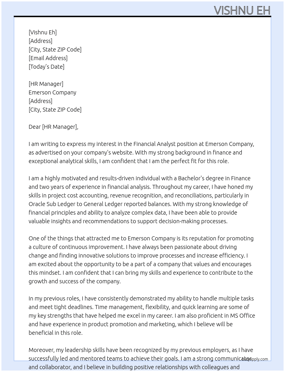 Financial analyst  At Emerson Company  Cover Letter