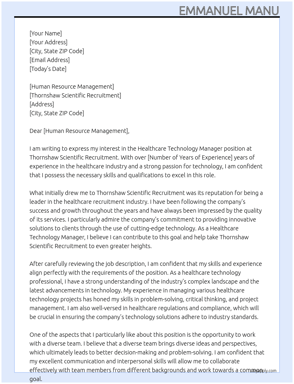 Healthcare Technology Manager At Thornshaw Scientific Recruitment Cover Letter