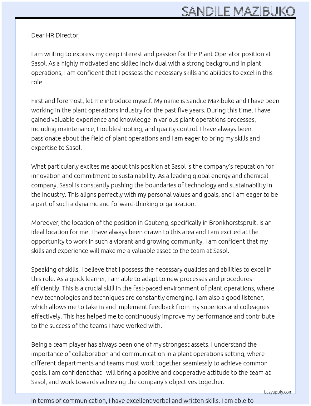 Plant Operator  At Sasol  Cover Letter