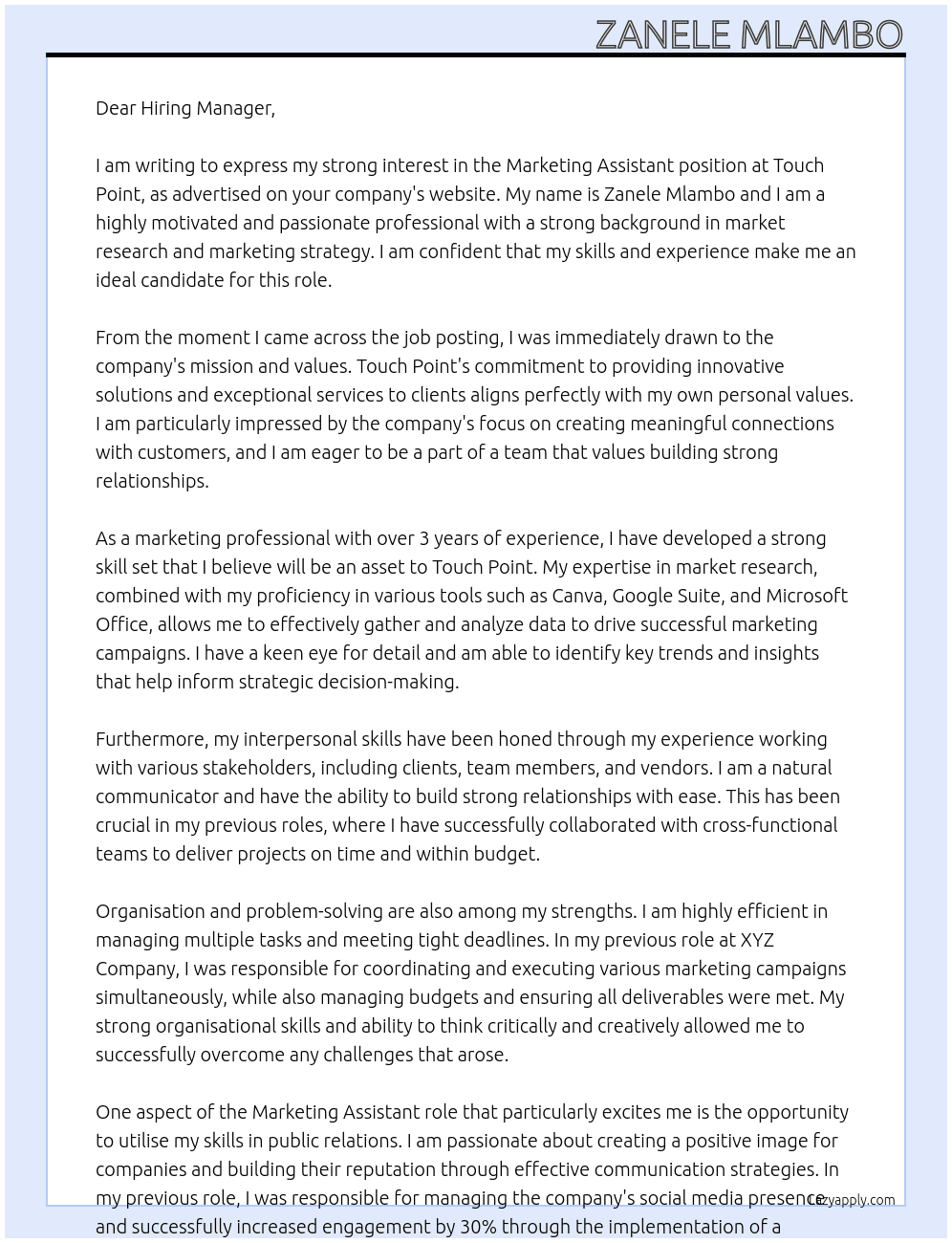 Marketing Assistant At Touch Point  Cover Letter