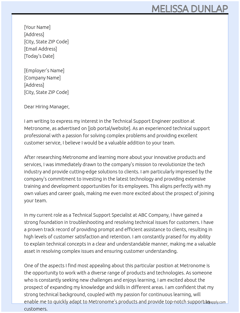 Technical Support Engineer At Metronome Cover Letter