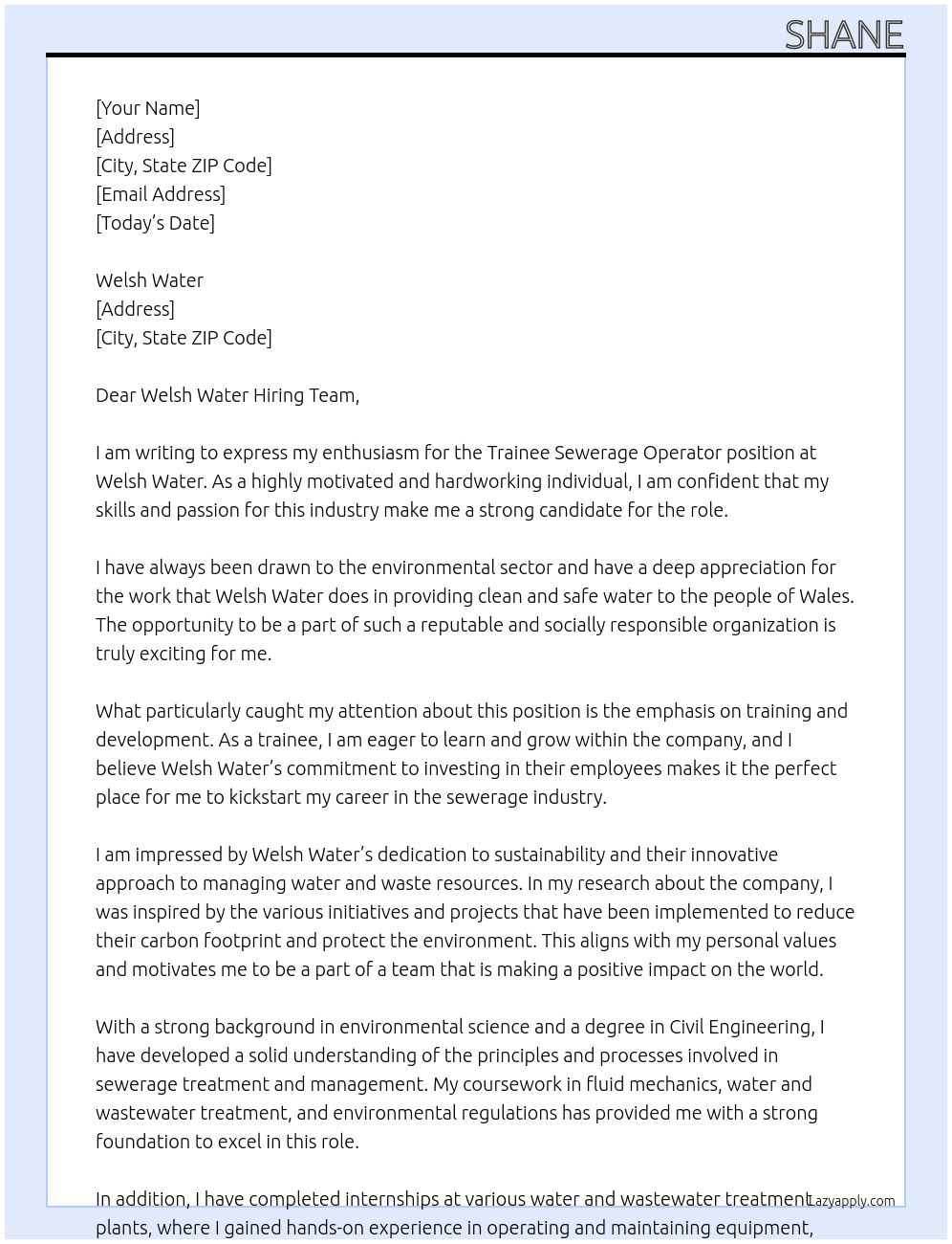 Trainee sewerage operator At Welsh water  Cover Letter