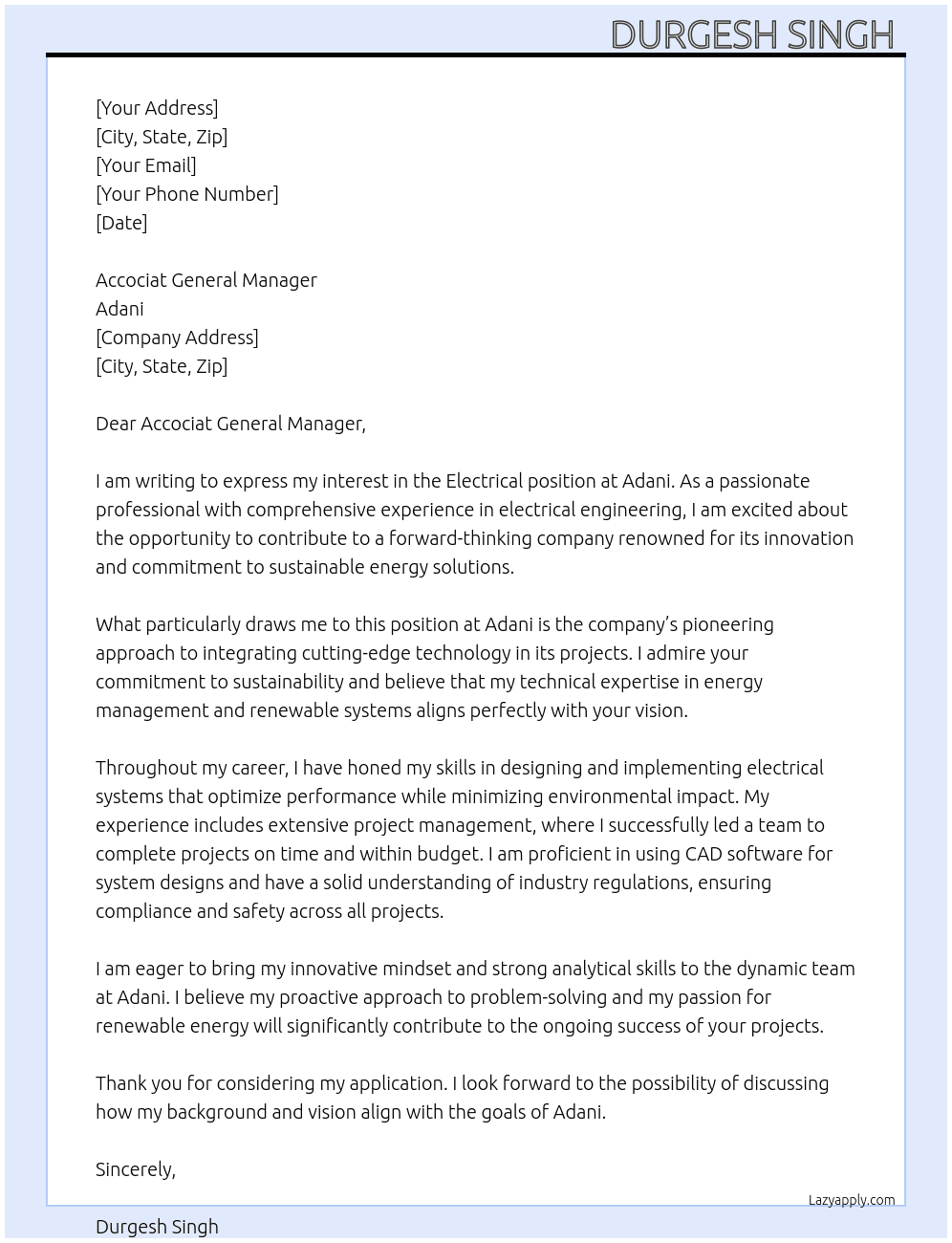 Electrical  At Adani  Cover Letter