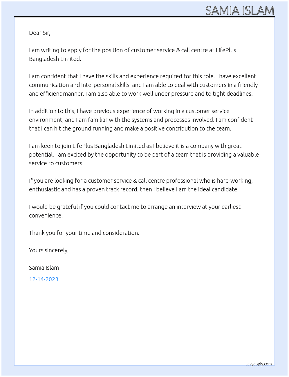 customer service & call cenre At LifePlus Bangladesh Limited Cover Letter